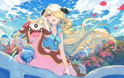 Rule 34 | 1girl, basket, blonde hair, blue shirt, breasts, cleavage, cloud, collarbone, collared shirt, commentary request, creatures (company), cynthia (pokemon), day, drinking straw, falling petals, floating hair, flower, from below, game freak, gastrodon, gastrodon (west), gen 4 pokemon, glass, grey eyes, hair ornament, hair over one eye, hand up, kusuribe, long hair, nintendo, outdoors, petals, pokemon, pokemon (anime), pokemon (creature), pokemon bw (anime), shirt, sky, sleeveless, sleeveless shirt, very long hair