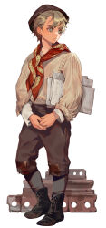 Rule 34 | 1boy, beret, blonde hair, boots, brick, brown pants, child, commentary, english commentary, full body, hat, holding, holding paper, long sleeves, looking to the side, male focus, neckerchief, original, pants, paper, patchwork clothes, saeldam, short hair, solo, white background, yellow eyes