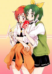Rule 34 | 10s, 2girls, bow, clothes around waist, drink, food, green eyes, green hair, green sweater vest, hair bow, hair ornament, hairclip, hino akane (smile precure!), hug, hug from behind, midorikawa nao, multiple girls, necktie, ponytail, precure, red eyes, red hair, school uniform, sleeves rolled up, smile precure!, sweater, sweater around waist, sweater vest, tima, vest