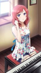 Rule 34 | 1girl, artist name, artist request, back ribbon, blouse, blue ribbon, blush, collarbone, curtains, dress, female focus, floral print, flower, hair between eyes, highres, instrument, looking at viewer, love live!, love live! school idol festival, love live! school idol project, nishikino maki, parted lips, piano, picture frame, playing with own hair, print dress, purple eyes, red hair, ribbon, ruffling hair, shirt, short hair, shorts, solo, stool, thighhighs, white flower, white shirt, window