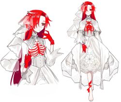 Rule 34 | 1girl, bad id, bad twitter id, barefoot, bride, bright pupils, closed mouth, commentary, dress, english commentary, hair over one eye, highres, long hair, multiple views, original, red eyes, red hair, ribs, simple background, skeleton print, standing, tsu (lovesick1964), veil, very long hair, wedding dress, white background, white dress