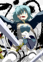 Rule 34 | 10s, bare shoulders, bleeding, blood, blue eyes, blue hair, cape, gloves, glowing, glowing eye, grin, highres, injury, magical girl, mahou shoujo madoka magica, mahou shoujo madoka magica (anime), miki sayaka, open mouth, short hair, skirt, smile, solo, spoilers, sword, thighhighs, weapon