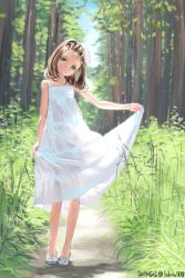 Rule 34 | 1girl, clothes lift, dated, day, derivative work, dress, full body, head tilt, highres, kokugo, long hair, looking at viewer, outdoors, pompadour, see-through silhouette, skirt, skirt lift, solo, standing, sundress, white dress