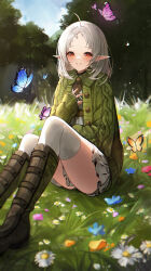 Rule 34 | 1girl, absurdres, boots, brown eyes, bug, butterfly, commentary, day, elf, flower, grass, hand on own chest, highres, insect, knee boots, long hair, long pointy ears, long sleeves, lunia, mushoku tensei, nature, outdoors, parted lips, pointy ears, sitting, skirt, sleeves past wrists, smile, solo, sylphiette (mushoku tensei), thighhighs, thighhighs under boots, white hair, white skirt, white thighhighs