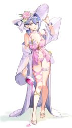 Rule 34 | 1girl, absurdres, akashic chronicle, babydoll, bikini, blue eyes, breasts, character request, cleavage, collarbone, commentary request, cup, dress, drink, drinking glass, ear piercing, flower, full body, hair between eyes, hairband, hand up, hat, hat flower, highres, holding, holding drink, large breasts, leg ribbon, looking at viewer, off shoulder, parted lips, piercing, pink bikini, pink flower, pink ribbon, pointy ears, purple dress, purple hairband, purple headwear, pyararara, ribbon, sandals, shadow, simple background, solo, spilling, standing, straw hat, sun hat, swimsuit, thigh ribbon, thigh strap, toes, white background, white flower, wide sleeves, wine glass, yellow flower
