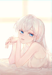 Rule 34 | 1girl, absurdres, bare shoulders, blue eyes, chinese commentary, commentary request, dress, highres, light, long hair, looking at viewer, lying, on stomach, original, own hands together, parted lips, sleeveless, sleeveless dress, smile, smilesmile1312, solo, upper body, white dress, white hair