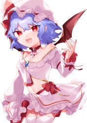 Rule 34 | 1girl, :d, absurdres, adapted costume, bare shoulders, bat wings, blue hair, blush, bow, breasts, choker, detached sleeves, fang, gold trim, hat, hat ribbon, highres, long sleeves, looking at viewer, midriff, mob cap, nail polish, navel, nemachi, open mouth, pointy ears, puffy sleeves, red bow, red eyes, red nails, red ribbon, remilia scarlet, ribbon, short hair, skirt, skirt set, smile, solo, thighhighs, touhou, white skirt, white thighhighs, wings