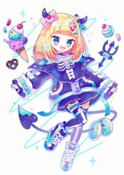 Rule 34 | 1girl, :d, blonde hair, blue coat, blue eyes, bow, coat, demon girl, demon horns, demon tail, doughnut, fang, food, full body, highres, horns, ice cream, long sleeves, open mouth, original, saijo1201, skirt, sleeves past wrists, smile, solo, tail, thighhighs