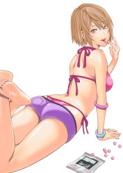 Rule 34 | 1girl, abs, arm support, back, barefoot, bikini, bikini under clothes, bracelet, brown eyes, brown hair, candy, eating, feet, food, highres, jewelry, legs up, long legs, looking at viewer, looking back, lying, on stomach, original, pink bikini, shigaoka, shigaoka touki, short hair, short shorts, shorts, side-tie bikini bottom, solo, swimsuit, swimsuit under clothes, the pose, tongue, tongue out, whale tail (clothing)