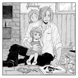 Rule 34 | 1girl, 2boys, aqua eyes, black footwear, black pants, brick wall, buttons, child, collared shirt, cube, drawing, dress shirt, edward elric, father and daughter, father and son, full body, fullmetal alchemist, greyscale, hanayama (inunekokawaii), limited palette, long hair, monochrome, multiple boys, on ground, pants, parted lips, shirt, shoes, short hair, siblings, sitting, smile, spot color, window, yellow eyes