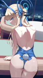 Rule 34 | 1girl, absurdres, animal ears, ass, bare back, bare shoulders, blonde hair, blue archive, blue eyes, blue leotard, breasts, fake animal ears, fake tail, from behind, highres, leotard, long hair, looking at viewer, looking back, medium breasts, official alternate costume, playboy bunny, rabbit ears, rabbit tail, ryeon (bluetom1), sideboob, solo, tail, toki (blue archive), toki (bunny) (blue archive)