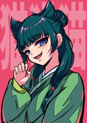 Rule 34 | 1girl, :3, absurdres, animal ears, beads, blue eyes, blunt bangs, cat ears, chinese clothes, chinese commentary, claw pose, commentary, fangs, green hair, green hanfu, green robe, hair beads, hair ornament, hair over shoulder, hand up, hanfu, highres, karan koron100, kemonomimi mode, kusuriya no hitorigoto, long hair, maomao (kusuriya no hitorigoto), multi-tied hair, red background, robe, simple background, solo, upper body