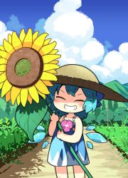 Rule 34 | 1girl, blue bow, blue dress, blue hair, bow, cirno, cloud, commentary request, dress, closed eyes, field, flower, hair bow, hat, highres, light blue hair, mountain, moyazou (kitaguni moyashi seizoujo), outdoors, power lines, short hair, sleeveless, smile, solo, sun hat, sunflower, touhou, utility pole