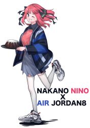 Rule 34 | 1girl, :d, absurdres, air jordan, air jordan 8, black ribbon, black shirt, blue eyes, blue jacket, blunt bangs, breasts, butterfly hair ornament, cake, food, go-toubun no hanayome, grey skirt, grin, hair ornament, highres, holding, holding tray, jacket, large breasts, looking at viewer, multicolored nails, nail polish, nakano nino, nike (company), one eye closed, open mouth, pink hair, red sweater, ribbon, running, shirt, shoes, simple background, skirt, smile, sneakers, solo, sweater, thighhighs, thighs, tray, twintails, user vzxt8744, white background, white footwear, white thighhighs, zettai ryouiki