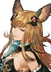 Rule 34 | 1girl, animal ears, black dress, breasts, brown eyes, brown hair, cleavage, closed mouth, dress, erune, eyeliner, granblue fantasy, hair ornament, hungry clicker, large breasts, long hair, looking at viewer, makeup, metera (granblue fantasy), mole, mole under mouth, simple background, smile, solo, white background