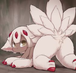 Rule 34 | 1girl, all fours, animal ears, animal feet, animal hands, blush, brown background, brown eyes, claws, closed mouth, dark-skinned female, dark skin, extra arms, faputa, fewer digits, from behind, highres, kionant, looking at viewer, looking back, made in abyss, monster girl, multiple tails, solo, tail, tail raised