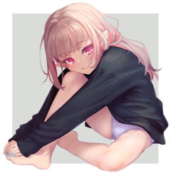 Rule 34 | 1girl, aqua nails, bare legs, barefoot, black sweater, blush, commentary, crotch seam, fang, feet, fingernails, full body, grey hair, hands on feet, head on knee, head rest, highres, long hair, looking at viewer, makaino ririmu, multicolored hair, nail polish, nijisanji, no pants, panties, pink hair, pointy ears, red eyes, sabamen, sitting, skin fang, sleeves past wrists, smile, solo, streaked hair, sweater, symbol-only commentary, toenail polish, toenails, toes, two-tone background, two-tone hair, underwear, virtual youtuber