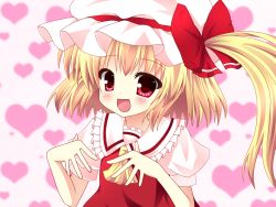 Rule 34 | 1girl, ascot, bad id, bad pixiv id, blonde hair, embodiment of scarlet devil, female focus, flandre scarlet, hat, kuromari (runia), mob cap, pink background, red eyes, solo, touhou, white background, yellow ascot