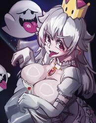 Rule 34 | 1girl, absurdres, boo (mario), breasts, crown, dress, ghost, highres, large breasts, long hair, looking at viewer, luigi&#039;s mansion, mario (series), moxydraws, new super mario bros. u deluxe, nintendo, princess king boo, red eyes, shiny skin, tongue, white hair