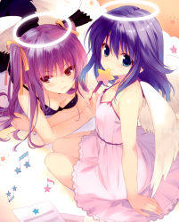 Rule 34 | 2girls, absurdres, angel, angel wings, arm support, bare shoulders, blue eyes, blush, bra, breasts, downblouse, dress, flat chest, frown, halo, highres, lingerie, long hair, lying, medium breasts, mouth hold, multiple girls, musical note, ohara tometa, on stomach, purple hair, red eyes, ribbon, sitting, small breasts, smile, star (symbol), twintails, underwear, wand, wings, yokozuwari