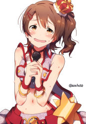 Rule 34 | 10s, 1girl, bad id, bad pixiv id, bare shoulders, blush, bracelet, brown eyes, brown hair, crown, hair ornament, hairclip, idolmaster, idolmaster million live!, jewelry, kasuga mirai, looking at viewer, microphone, midriff, million dreams (idolmaster), narumi arata, navel, one side up, open mouth, simple background, smile, solo, sweat, tears, white background, wireless, wristband