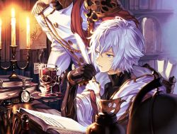 Rule 34 | 2boys, blue eyes, book, book stack, bookshelf, brown gloves, candelabra, candle, candlestand, chair, collarbone, covered collarbone, cup, drawing, elbow gloves, fire, fire, glass, glint, globe, gloves, granblue fantasy, grey hair, hair between eyes, highres, holding, holding pen, holding plate, holding quill, hood, hood down, inkwell, kmktzzg, lucilius (granblue fantasy), male focus, multiple boys, open book, paper, parted lips, pen, plate, pocket watch, quill, scroll, sitting, statue, steam, tea, turtleneck, vial, watch