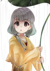 Rule 34 | 1girl, :&lt;, ama mochi, black ribbon, blush, braid, braided bangs, breasts, brown eyes, collarbone, commentary, eyelashes, from side, giant leaf, grey hair, hair ribbon, highres, hisakawa nagi, holding, holding leaf, holding umbrella, hood, hood down, idolmaster, idolmaster cinderella girls, idolmaster cinderella girls starlight stage, leaf, leaf umbrella, light blush, long hair, long sleeves, looking at viewer, looking to the side, low twintails, open mouth, parted lips, rain, ribbon, ringed eyes, simple background, small breasts, solo, translated, twintails, umbrella, upper body, very long hair, water drop, white background, yellow raincoat