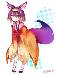 Rule 34 | 10s, 1girl, absurdres, animal ear fluff, animal ears, artist name, blush, collarbone, dated, fox ears, fox tail, full body, hairband, hatsuse izuna, headband, highres, japanese clothes, kimono, looking at viewer, no game no life, otokuyou, purple eyes, purple hair, sandals, short hair, signature, slit pupils, socks, solo, tail