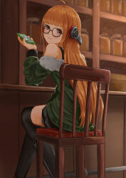 Rule 34 | 1girl, absurdres, ahoge, bare shoulders, behind-the-head headphones, black shorts, black thighhighs, blunt bangs, cafe, cellphone, chair, counter, elbow rest, feet out of frame, from behind, fur-trimmed jacket, fur trim, glasses, green jacket, grin, headphones, highres, holding, holding phone, jacket, long hair, looking at viewer, looking back, nemo ringo, off shoulder, orange hair, persona, persona 5, phone, purple eyes, sakura futaba, short shorts, shorts, sitting, smartphone, smile, solo, straight hair, teeth, thighhighs, thighs