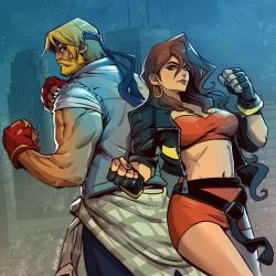 Rule 34 | 1boy, 1girl, axel stone, back-to-back, streets of rage, streets of rage 4, beard, black gloves, black jacket, blaze fielding, blonde hair, blue eyes, breasts, brown eyes, brown hair, cityscape, clenched hands, clothes around waist, cropped jacket, danusko, earrings, eyelashes, facial hair, fighting stance, fingerless gloves, gloves, gold earrings, headband, highres, hoop earrings, jacket, jewelry, leather, leather jacket, lips, looking at viewer, loose clothes, loose shirt, medium breasts, miniskirt, muscular, navel, night, red gloves, red skirt, sega, shirt, shirt around waist, skirt, sleeves pushed up