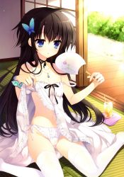 Rule 34 | 1girl, absurdres, black hair, blue eyes, butterfly hair ornament, clothes lift, dress, dress lift, drink, hair ornament, hand fan, highres, jewelry, long hair, mitha, navel, necklace, no bra, panties, paper fan, side-tie panties, sitting, strap slip, sundress, tatami, thighhighs, uchiwa, underwear, wariza, white panties, white thighhighs