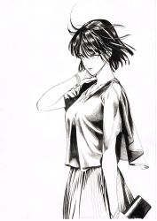Rule 34 | 1girl, absurdres, bangle, bracelet, breasts, cowboy shot, earrings, from side, fubuki (one-punch man), greyscale, highres, jewelry, looking away, medium breasts, monochrome, murata yuusuke, official art, one-punch man, pleated skirt, shirt, short hair, short sleeves, simple background, skirt, smile, solo, stud earrings, traditional media, wallet, white background, wide sleeves