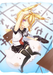Rule 34 | 1girl, :3, ;d, ahoge, animal ears, bag, black thighhighs, blonde hair, blush, briefcase, fox ears, fox tail, holding, o o, one eye closed, open mouth, original, pink eyes, school bag, school briefcase, school uniform, serafuku, sitting, skirt, smile, solo, syobonne, tail, thighhighs, wink