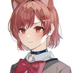 Rule 34 | 1girl, :t, aijou karen, animal ears, belt collar, blush, bow, bowtie, brown eyes, brown hair, cat ears, cat girl, chromatic aberration, closed mouth, collar, collared shirt, crown hair ornament, extra ears, fang, fang out, grey jacket, highres, jacket, kemonomimi mode, looking away, portrait, red bow, red bowtie, school uniform, seishou music academy uniform, shirt, short hair, shoujo kageki revue starlight, simple background, solo, sorano (azu mine), white background, white shirt