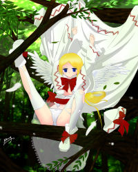 Rule 34 | 1girl, alarmy, blonde hair, blue eyes, breasts, clothes, feathers, female focus, hat, highres, in tree, lily white, no bra, panties, solo, thighhighs, torn clothes, torn thighhighs, touhou, tree, underwear, wings, yellow theme