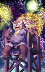 Rule 34 | 2boys, absurdres, animal ears, bara, blue eyes, blue kimono, brown fur, colored sclera, cross-laced clothes, cross-laced sleeves, dated, dog boy, dog ears, dog tail, eyebrow cut, fangs, fangs out, firework background, full body, fundoshi, furry, furry male, geta, highres, japanese clothes, kimono, kinoshita jiroh, looking up, male focus, moritaka (housamo), multiple boys, muscular, muscular male, night, night sky, open mouth, plump, red sclera, scar, scar on face, shino (housamo), shoe dangle, short hair, sitting, sky, smile, tail, thick eyebrows, tokyo houkago summoners, tupet, wave print, yukata