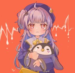 Rule 34 | 1girl, absurdres, ahoge, animal, bag, beret, bird, blue hair, blunt bangs, blush, bow, bowtie, collared shirt, colored inner hair, frown, goddess of victory: nikke, hat, highres, holding, holding animal, jacket, long hair, long sleeves, looking at viewer, multicolored hair, penguin, penguin chick, purple hair, purple headwear, purple jacket, red eyes, rei (nikke), school bag, school uniform, shirt, suicapenginm, tearing up, white shirt, yellow bag, yellow bow, yellow bowtie