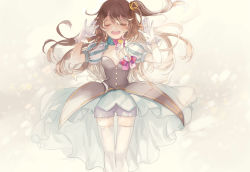 Rule 34 | 10s, 1girl, :d, bloomers, blush, brooch, brown hair, choker, crown, dress, closed eyes, gloves, half updo, hands up, highres, idolmaster, idolmaster cinderella girls, jewelry, long hair, mig (36th underground), mini crown, music, necklace, one side up, open mouth, puff and slash sleeves, puffy short sleeves, puffy sleeves, shimamura uzuki, short sleeves, side ponytail, singing, smile, solo, star!!, thighhighs, underwear, white gloves, white thighhighs