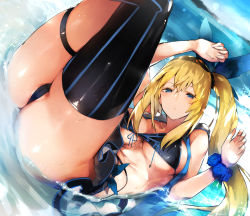 Rule 34 | 1girl, alternate costume, ass, bare shoulders, beach, bikini, bikini skirt, black bikini, black thighhighs, blonde hair, blue eyes, blue ribbon, blue sky, blurry, blurry background, blush, breasts, cameltoe, cleavage, cloud, commentary request, curvy, day, elbow gloves, gloves, hair between eyes, hair ribbon, half-closed eyes, hands up, highres, hip focus, huge ass, large breasts, legs, legs up, long hair, looking at viewer, mirai akari, mirai akari project, nishiide kengorou, ocean, open mouth, partially submerged, reclining, ribbon, scrunchie, shiny skin, side ponytail, sidelocks, single thighhigh, skindentation, skirt, sky, solo, sparkle, stomach, swimsuit, thick thighs, thigh strap, thighhighs, thighs, virtual youtuber, wet, wide hips, wrist scrunchie