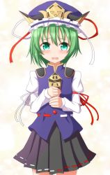 Rule 34 | 1girl, arm ribbon, black skirt, blue vest, blush, breasts, commentary request, cowboy shot, gradient background, green eyes, green hair, hair between eyes, hat, hat ribbon, highres, juliet sleeves, long sleeves, looking at viewer, open mouth, pleated skirt, puffy sleeves, ribbon, ribbon-trimmed skirt, ribbon trim, rod of remorse, shiki eiki, shirt, short hair, simple background, skirt, small breasts, solo, standing, tearing up, teoi (good chaos), touhou, vest, wavy mouth, white shirt