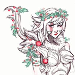 Rule 34 | 1girl, alien, armor, battleborn, breasts, christmas, female focus, lipstick, makeup, partially colored, plant, pointy ears, solo, thorn (battleborn), upper body, white background, white hair