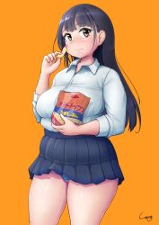 Rule 34 | 1girl, arm up, black hair, blue panties, blue skirt, blush, boku no kokoro no yabai yatsu, breasts, brown eyes, chips (food), closed mouth, commentary request, copyright request, cowboy shot, dot nose, food, highres, holding, holding food, large breasts, long hair, looking at viewer, looking to the side, muffin top, orange background, panties, panty peek, pleated skirt, plump, potato chips, shadow, shigekikkusu, shirt, sidelocks, signature, skirt, solo, standing, straight hair, tareme, thick thighs, thighs, underwear, white shirt, wing collar, yamada anna
