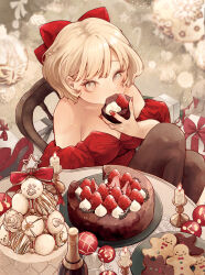 Rule 34 | 1girl, absurdres, bare shoulders, blonde hair, blush, bottle, box, breasts, cake, candle, candlestand, chair, cookie, dress, eating, food, from above, fruit, gift, gift box, green eyes, hair ribbon, highres, holding, holding cake, holding food, looking at viewer, macaron, medium breasts, nail polish, original, pantyhose, pastry, puffy sleeves, red dress, red nails, red ribbon, ribbon, shiiro illust, short hair, sitting, solo, strapless, strapless dress, strawberry, sweets, table, wine bottle