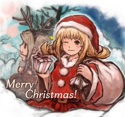 Rule 34 | 00s, 1boy, 1girl, ;d, antlers, blonde hair, blush, box, brown eyes, christmas, final fantasy, final fantasy xii, gift, gift box, hat, holding, horns, looking at viewer, one eye closed, open mouth, over shoulder, parted lips, penelo, piranosuke, pom pom (clothes), reindeer antlers, sack, santa costume, santa hat, smile, tareme, upper body, vaan (ff12), wink