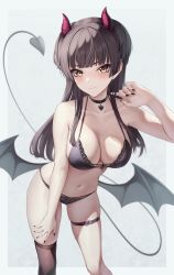 Rule 34 | 1girl, alternate costume, bare arms, bare shoulders, black bra, black choker, black nails, black panties, bra, breasts, brown eyes, brown hair, brown thighhighs, choker, cleavage, collarbone, demon girl, demon horns, demon tail, demon wings, front-tie bra, front-tie top, halterneck, hand on own thigh, hand up, highres, horns, idolmaster, idolmaster shiny colors, large breasts, leaning forward, long hair, looking at viewer, low wings, marinesnow, mayuzumi fuyuko, nail polish, navel, non-web source, panties, single thighhigh, skindentation, smile, solo, standing, stomach, string bra, string panties, tail, thigh strap, thighhighs, thighs, underwear, underwear only, white background, wings