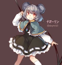 Rule 34 | 1girl, akayan, animal ears, bad id, bad pixiv id, black dress, capelet, character name, cowboy shot, dowsing rod, dress, grey hair, grin, highres, jewelry, long sleeves, looking at viewer, mouse ears, mouse tail, nazrin, pendant, puffy long sleeves, puffy sleeves, red eyes, short hair, smile, socks, solo, tail, touhou, twitter username, white socks
