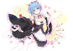 Rule 34 | 10s, 1girl, absurdres, animal ears, apron, arms at sides, blue eyes, blue hair, breasts, cat ears, cleavage, cutlery, detached collar, detached sleeves, food, fruit, hair over one eye, hairband, head tilt, highres, looking at viewer, maid, orbital ring, outstretched arm, re:zero kara hajimeru isekai seikatsu, rem (re:zero), short hair, solo, strawberry, thighhighs, white apron, white thighhighs, wide sleeves, yuzhi, zettai ryouiki
