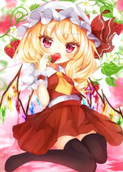 Rule 34 | 1girl, absurdres, ascot, black thighhighs, blonde hair, blurry, blurry background, blush, breasts, collared shirt, crystal, eating, flandre scarlet, flower, food, frilled sleeves, frills, fruit, full body, hat, hat ribbon, head tilt, highres, holding, holding food, holding fruit, kuraudo, leaf, long hair, looking at viewer, miniskirt, mob cap, multicolored wings, no shoes, open mouth, pleated skirt, puffy short sleeves, puffy sleeves, red eyes, red ribbon, red skirt, red vest, ribbon, shirt, short sleeves, sitting, skirt, small breasts, solo, strawberry, strawberry background, thighhighs, touhou, vest, wariza, white flower, white headwear, white shirt, wings, wrist cuffs, yellow ascot, zettai ryouiki