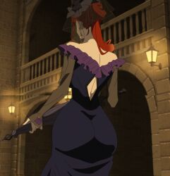 Rule 34 | 1girl, ass, back, blue dress, carmilla (undead girl murder farce), dress, from behind, highres, holding, holding umbrella, huge ass, long sleeves, red hair, screencap, stitched, third-party edit, umbrella, undead girl murder farce, veil, wide hips