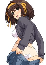 Rule 34 | 1girl, ass, blue pants, blush, bob cut, bow, bra, breasts, brown eyes, brown hair, commentary, covered erect nipples, cowboy shot, denim, from behind, grey sweater, hair between eyes, hair bow, hair ornament, hairband, haruhisky, highres, jeans, long hair, long sleeves, looking ahead, looking back, medium breasts, open mouth, orange bow, orange hairband, panties, pants, polka dot, polka dot panties, round teeth, see-through panties, simple background, sleeves past wrists, smile, solo, standing, suzumiya haruhi, suzumiya haruhi no yuuutsu, sweater, teeth, turtleneck, underwear, undressing, upper teeth only, white background, white bra, white panties